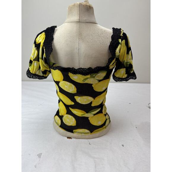Y2K Kimchi Top Lemons Small Urban Outfitters Lace Yellow Black Cinched Sheer - Picture 2 of 9